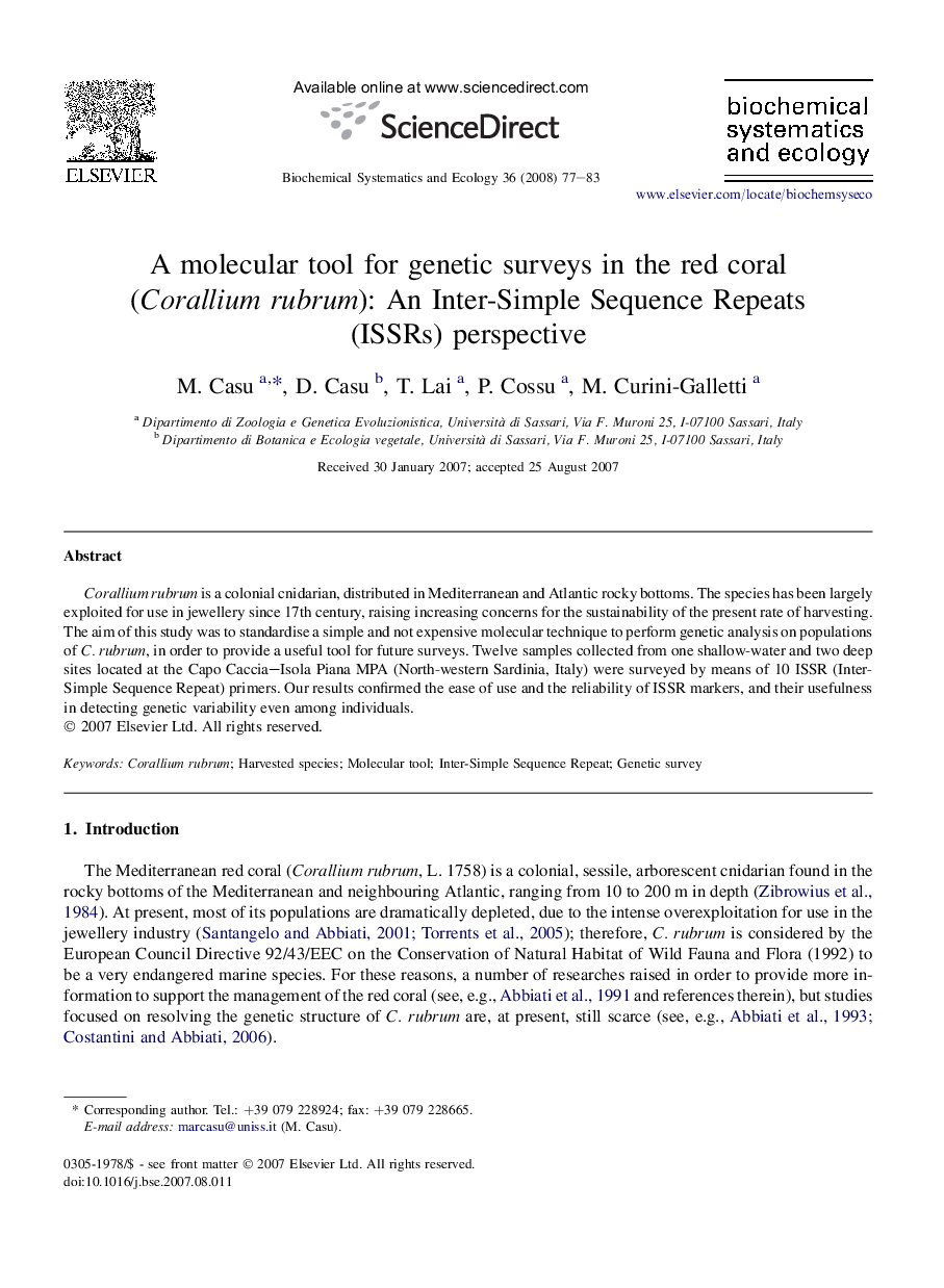 A molecular tool for genetic surveys in the red coral (Corallium rubrum): An Inter-Simple Sequence Repeats (ISSRs) perspective