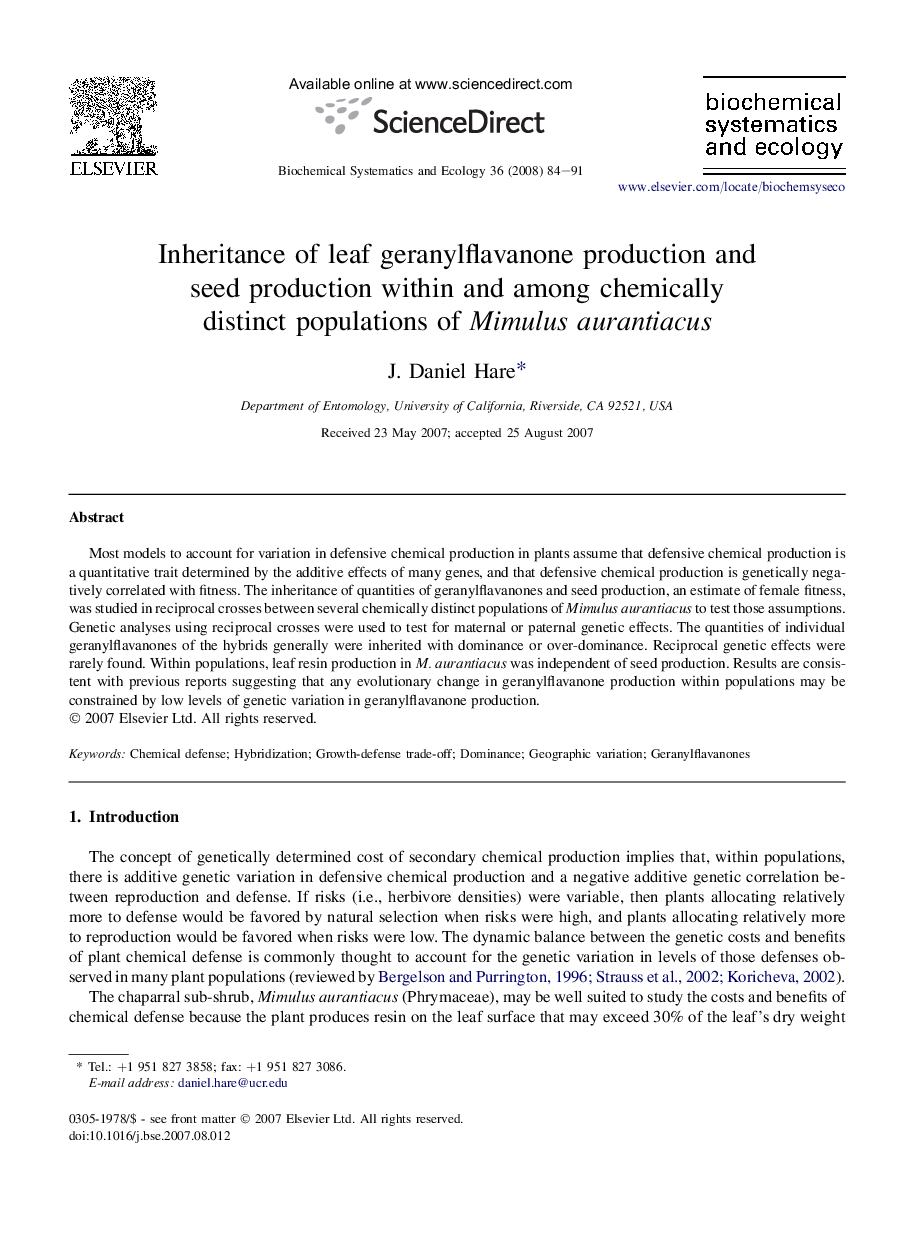 Inheritance of leaf geranylflavanone production and seed production within and among chemically distinct populations of Mimulus aurantiacus