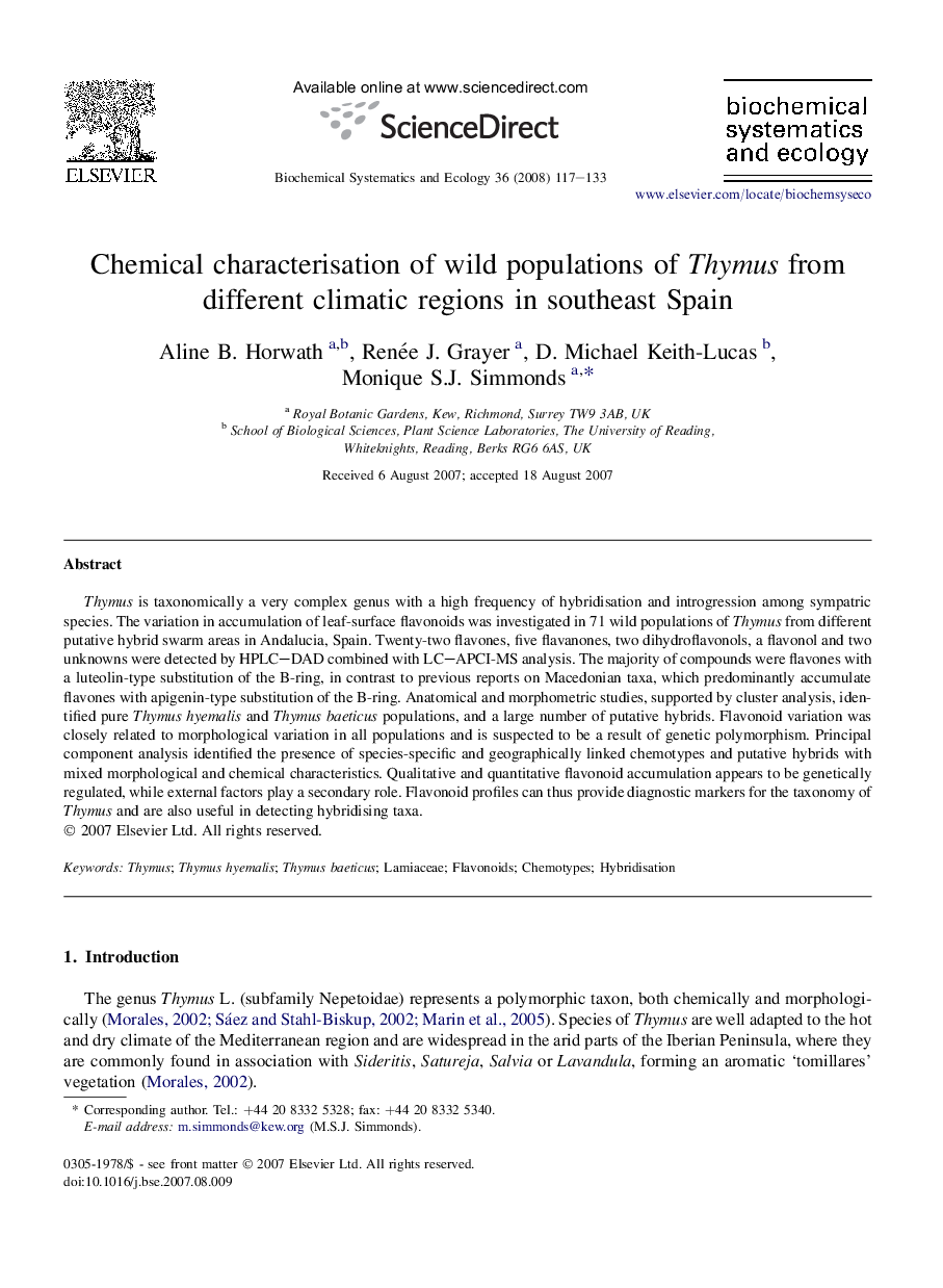 Chemical characterisation of wild populations of Thymus from different climatic regions in southeast Spain