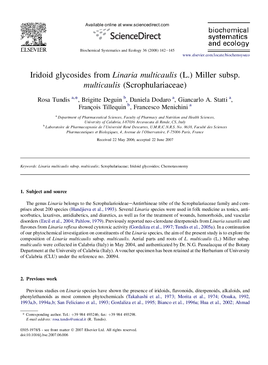 Iridoid glycosides from Linaria multicaulis (L.) Miller subsp. multicaulis (Scrophulariaceae)