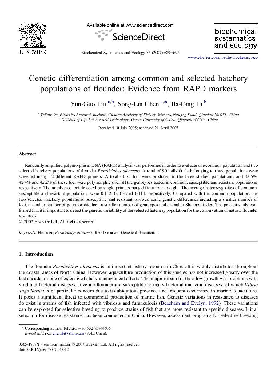 Genetic differentiation among common and selected hatchery populations of flounder: Evidence from RAPD markers