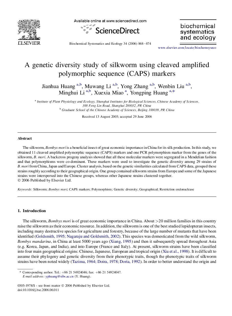 A genetic diversity study of silkworm using cleaved amplified polymorphic sequence (CAPS) markers