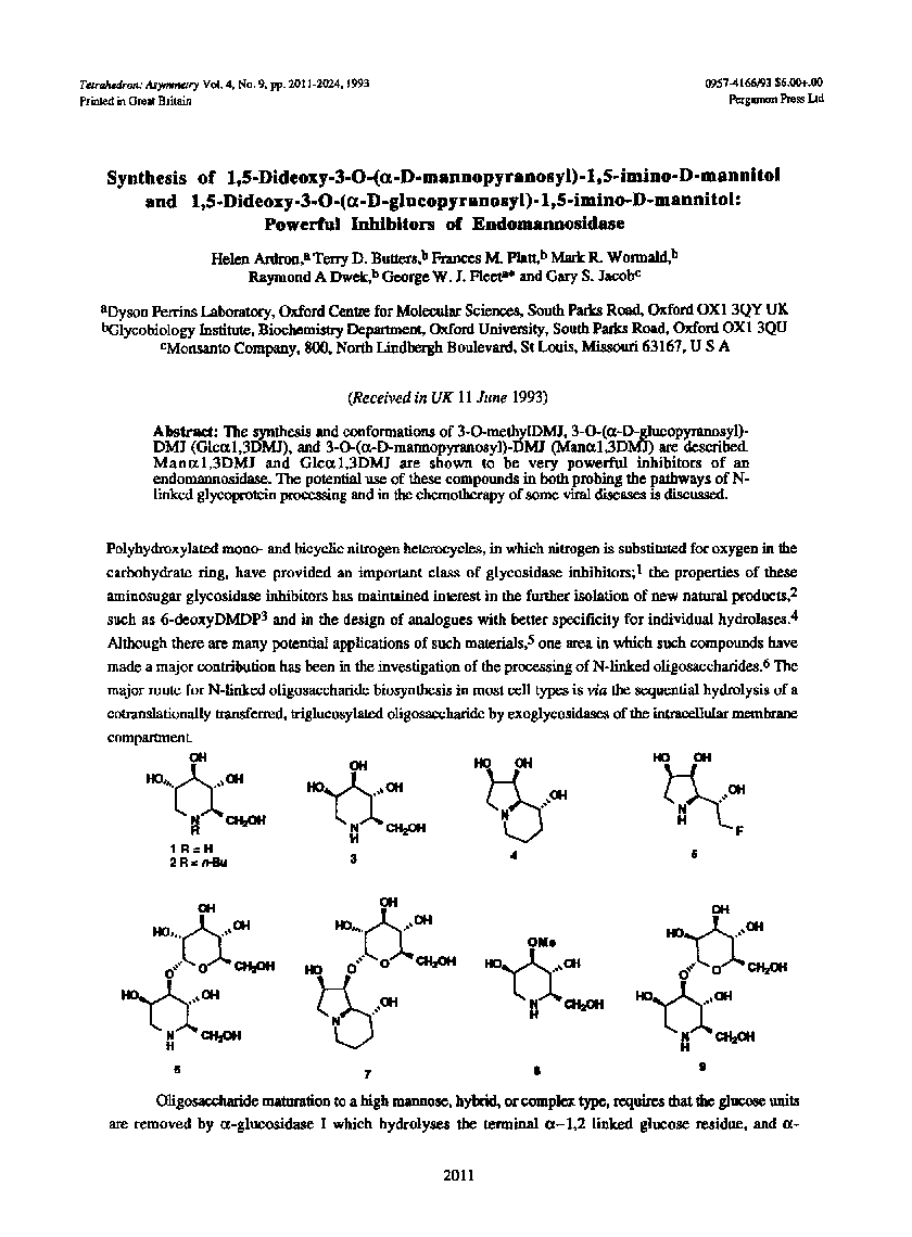 Synthesis of 1,5-dideoxy-3-O-(Î±-D-mannopyranosyl)-1,5-imino-D-mannitol and 1,5-dideoxy-3-O-(Î±-D-glucopyranosyl)-1,5-imino-D-mannitol: Powerful inhibitors of endomannosidase