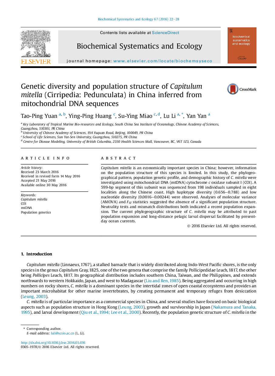 Genetic diversity and population structure of Capitulum mitella (Cirripedia: Pedunculata) in China inferred from mitochondrial DNA sequences