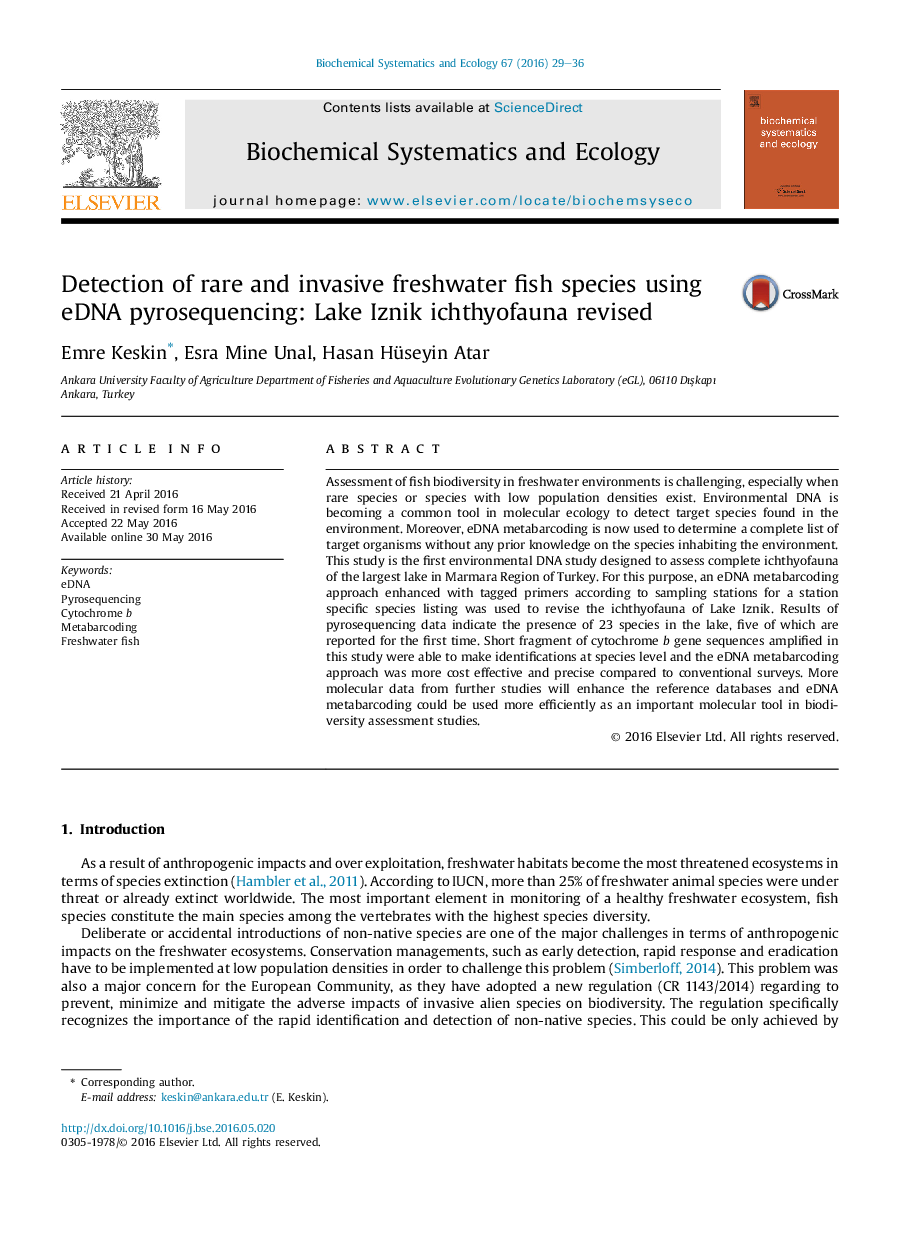 Detection of rare and invasive freshwater fish species using eDNA pyrosequencing: Lake Iznik ichthyofauna revised