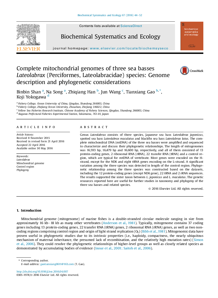 Complete mitochondrial genomes of three sea basses Lateolabrax (Perciformes, Lateolabracidae) species: Genome description and phylogenetic considerations