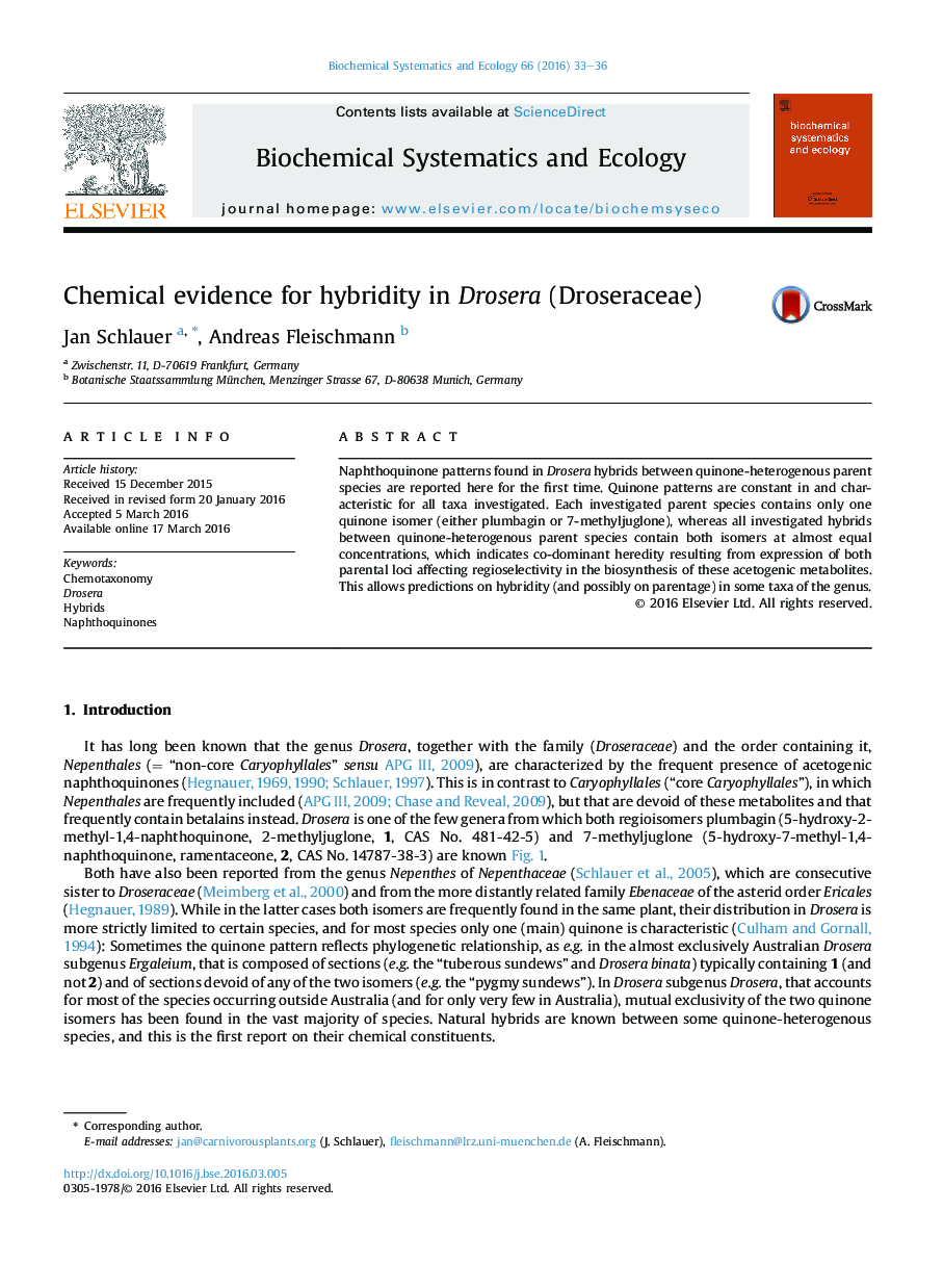 Chemical evidence for hybridity in Drosera (Droseraceae)