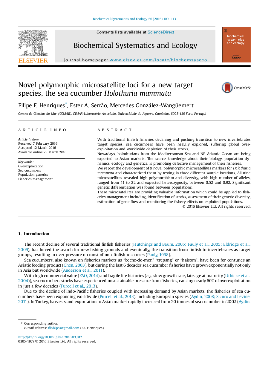 Novel polymorphic microsatellite loci for a new target species, the sea cucumber Holothuria mammata