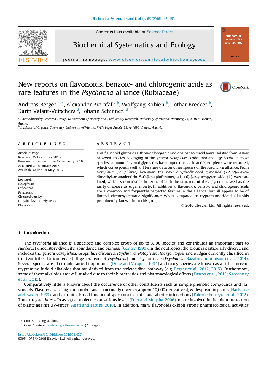 New reports on flavonoids, benzoic- and chlorogenic acids as rare features in the Psychotria alliance (Rubiaceae)