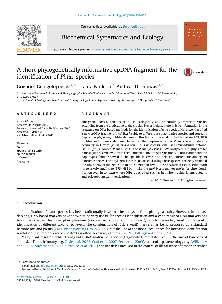 عکس صفحه اول مقاله: A short phylogenetically informative cpDNA fragment for the identification of Pinus species A short phylogenetically informative cpDNA fragment for the identification of Pinus species