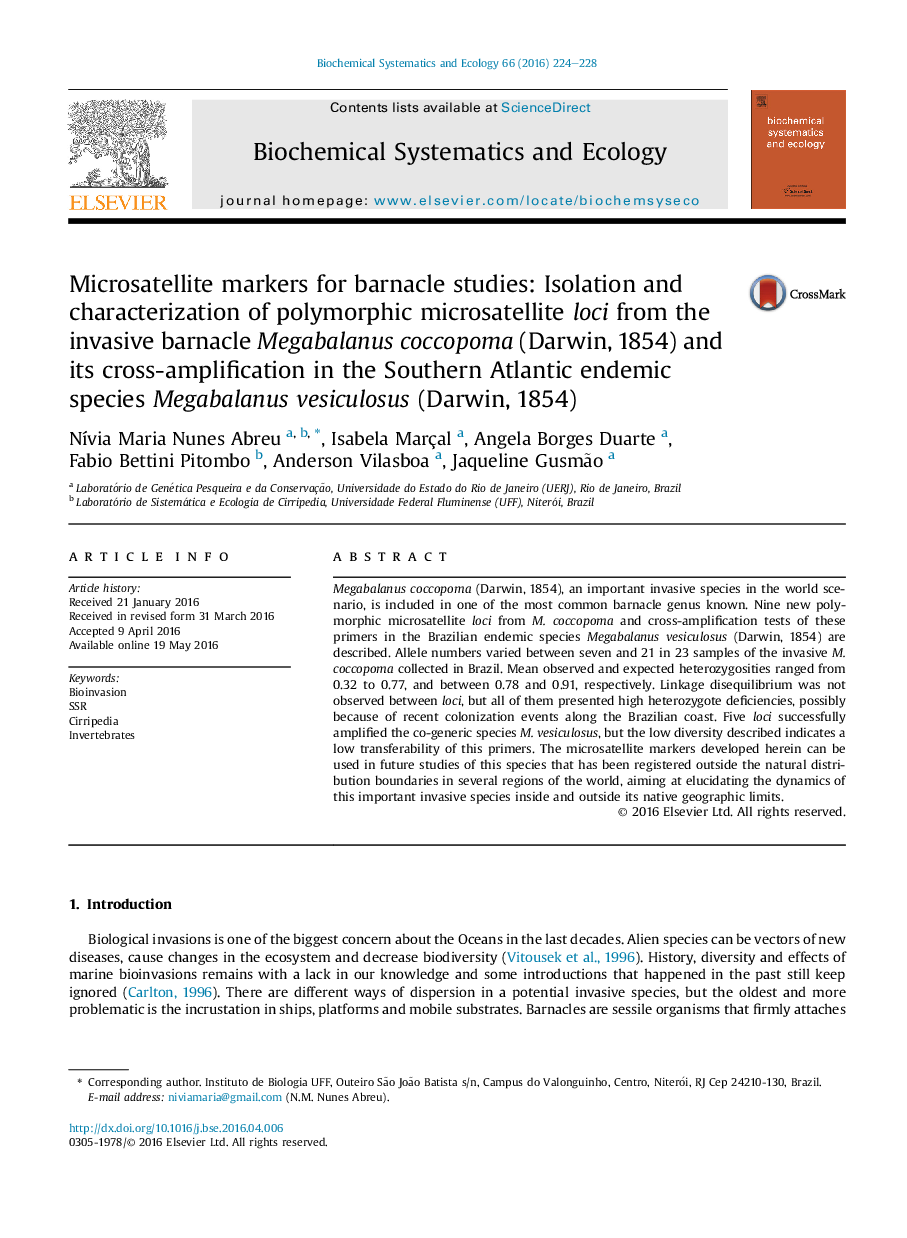 نشانگرهای ریزماهواره ای برای مطالعات برناکل: جداسازی و خصوصی سازی لکوهای ریزماهواره پلی مورفیک از مگابالانوس کوکوپوم مهاجم (Darwin، 1854) و تقویت متقابل آن در گونه های اندمیک آتلانتیک جنوبی مگابالانوس