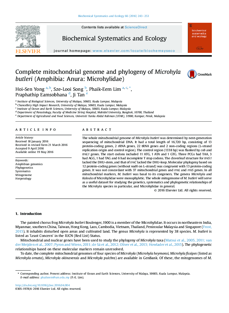 Complete mitochondrial genome and phylogeny of Microhyla butleri (Amphibia: Anura: Microhylidae)