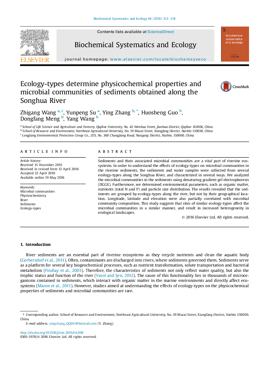 Ecology-types determine physicochemical properties and microbial communities of sediments obtained along the Songhua River