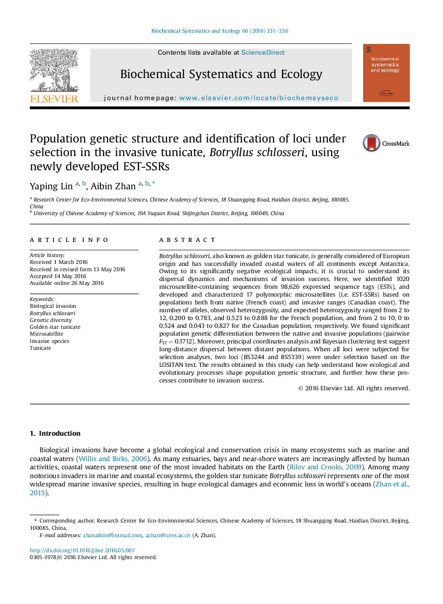 Population genetic structure and identification of loci under selection in the invasive tunicate, Botryllus schlosseri, using newly developed EST-SSRs