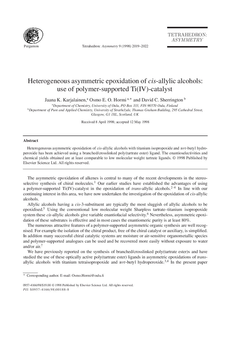 Heterogeneous asymmetric epoxidation of cis-allylic alcohols: use of polymer-supported Ti(IV)-catalyst