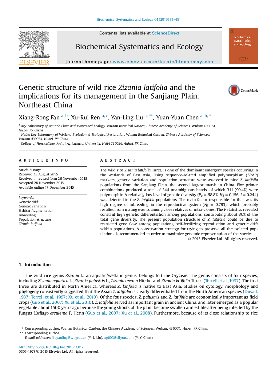 Genetic structure of wild rice Zizania latifolia and the implications for its management in the Sanjiang Plain, Northeast China