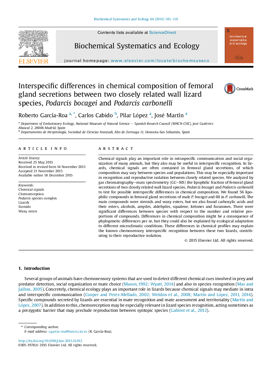 Interspecific differences in chemical composition of femoral gland secretions between two closely related wall lizard species, Podarcis bocagei and Podarcis carbonelli