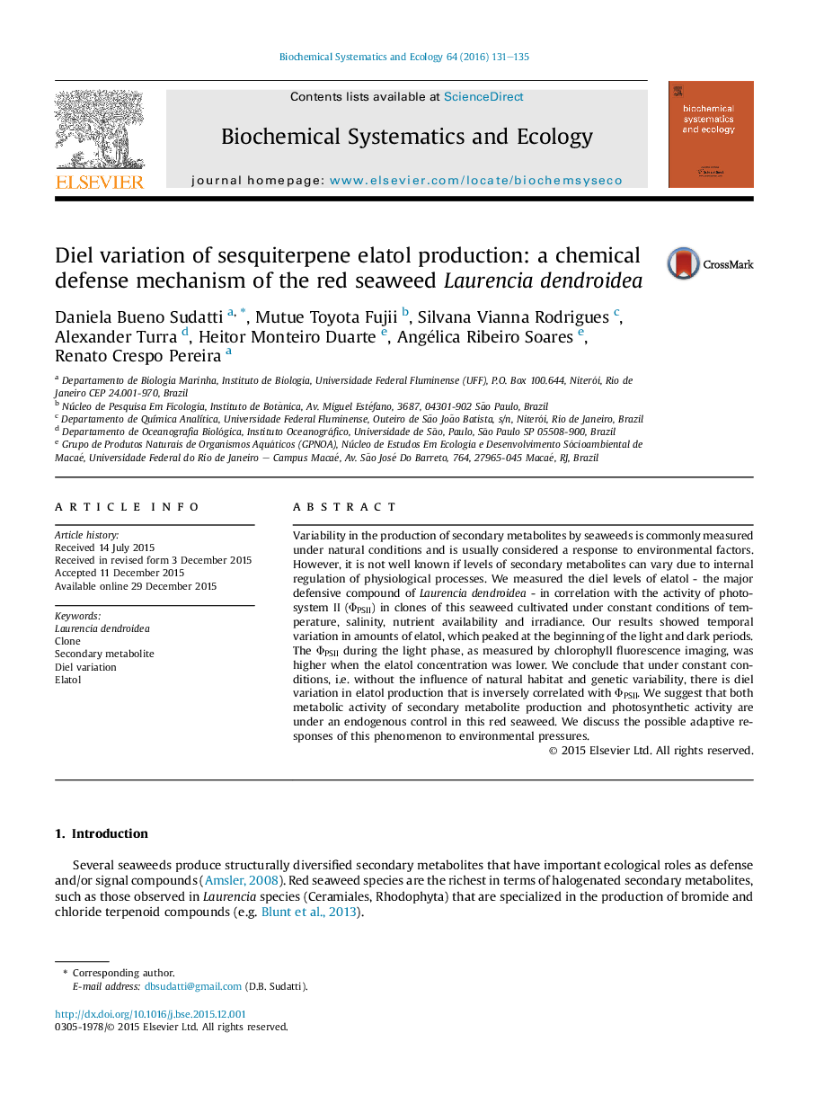 Diel variation of sesquiterpene elatol production: a chemical defense mechanism of the red seaweed Laurencia dendroidea