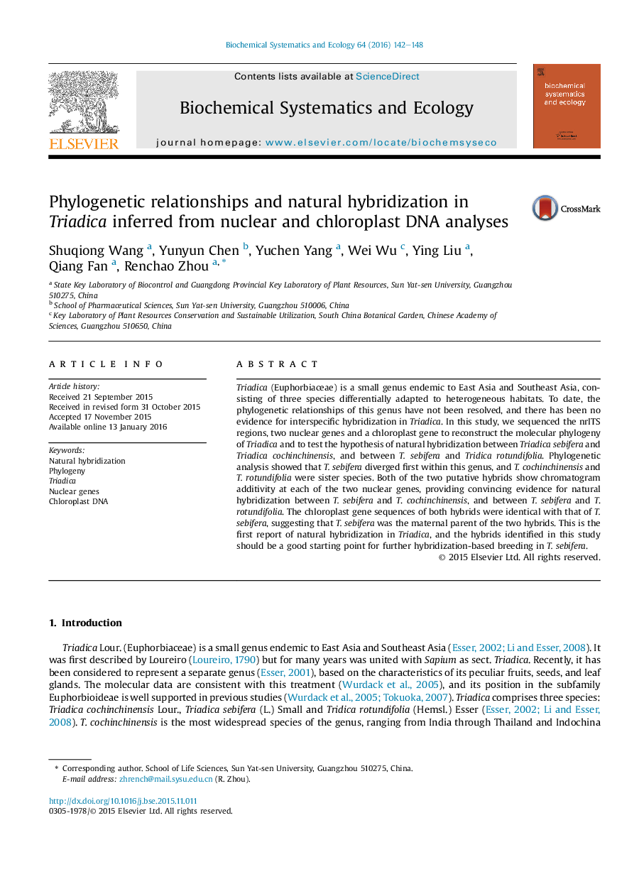 Phylogenetic relationships and natural hybridization in Triadica inferred from nuclear and chloroplast DNA analyses