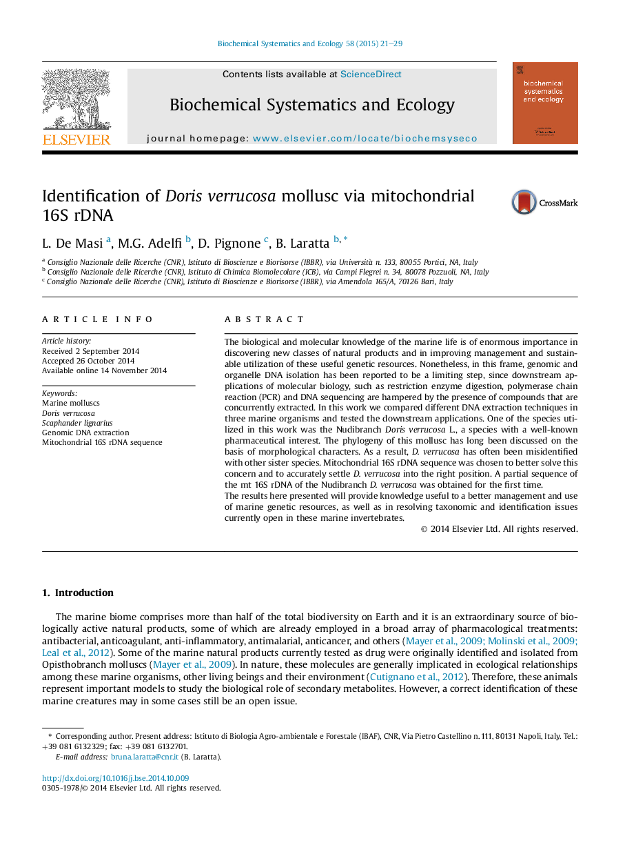 عکس صفحه اول مقاله: Identification of Doris verrucosa mollusc via mitochondrial 16S rDNA Identification of Doris verrucosa mollusc via mitochondrial 16S rDNA