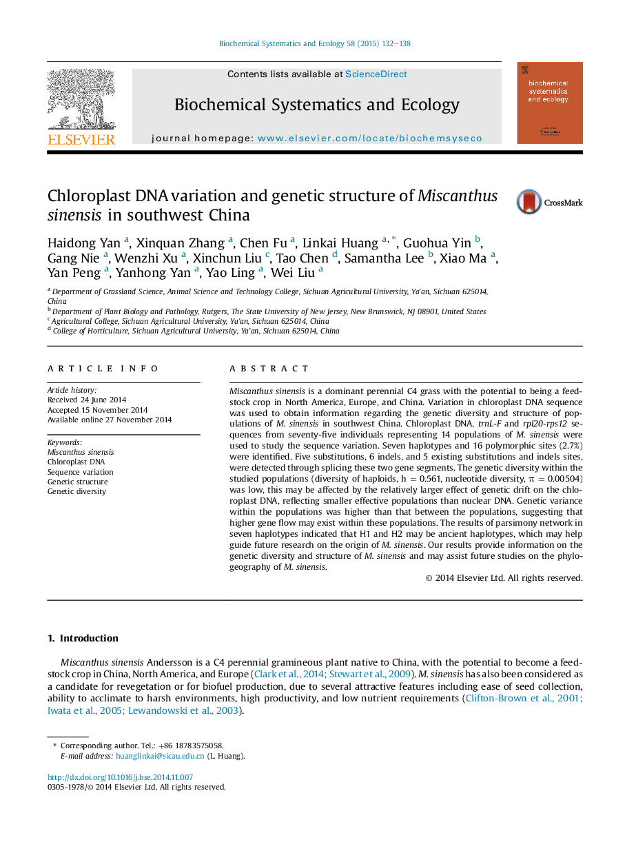 Chloroplast DNA variation and genetic structure of Miscanthus sinensis in southwest China