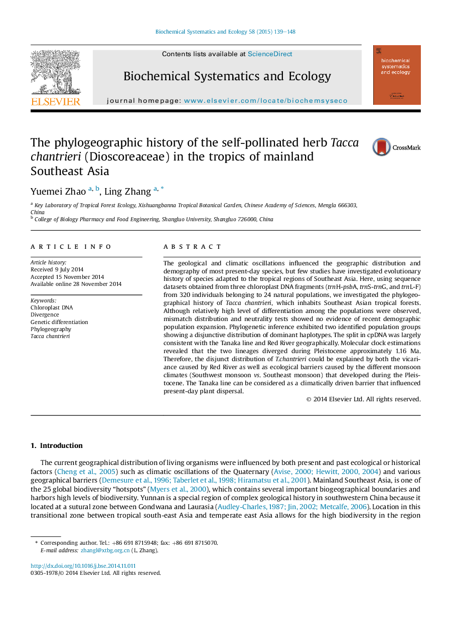 The phylogeographic history of the self-pollinated herb Tacca chantrieri (Dioscoreaceae) in the tropics of mainland Southeast Asia