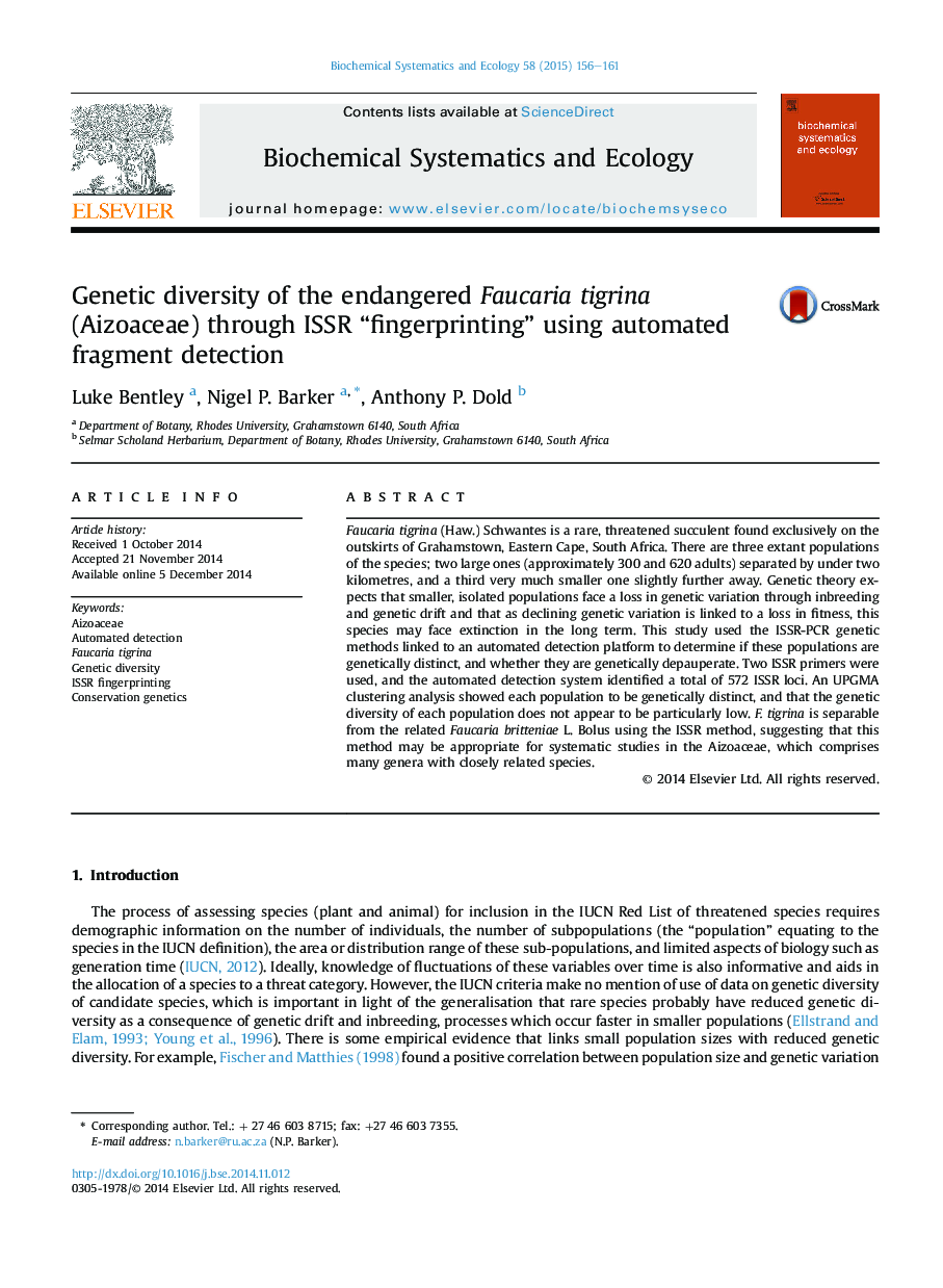 Genetic diversity of the endangered Faucaria tigrina (Aizoaceae) through ISSR “fingerprinting” using automated fragment detection