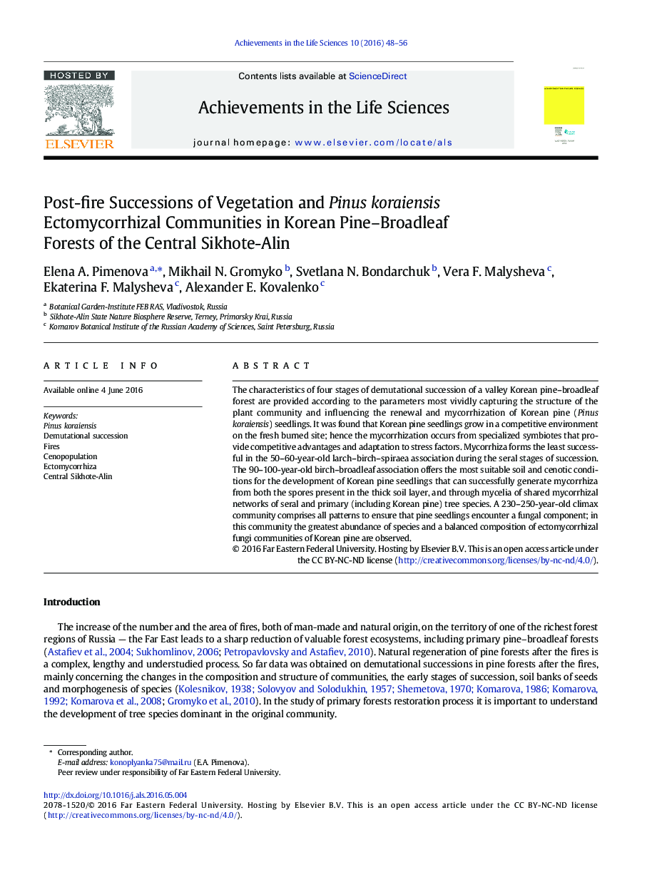 Post-fire Successions of Vegetation and Pinus koraiensis Ectomycorrhizal Communities in Korean Pine–Broadleaf Forests of the Central Sikhote-Alin