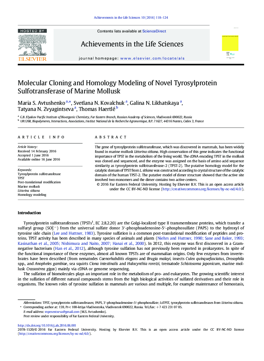 کلونینگ مولکولی و مدل‌سازی هومولوژی Tyrosylprotein Sulfotransferase جدید صدف دریایی 