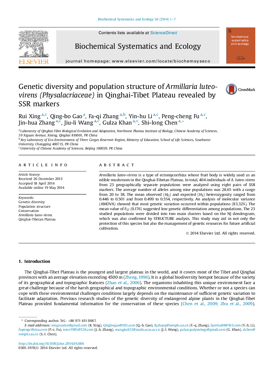 Genetic diversity and population structure of Armillaria luteo-virens (Physalacriaceae) in Qinghai-Tibet Plateau revealed by SSR markers