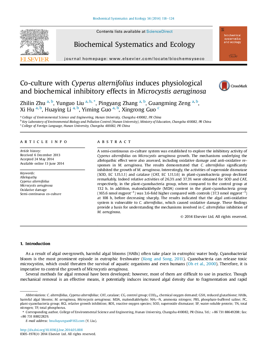 Co-culture with Cyperus alternifolius induces physiological and biochemical inhibitory effects in Microcystis aeruginosa