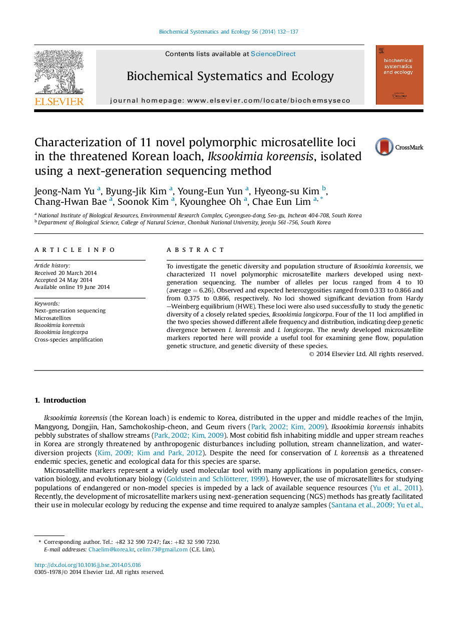 Characterization of 11 novel polymorphic microsatellite loci in the threatened Korean loach, Iksookimia koreensis, isolated using a next-generation sequencing method