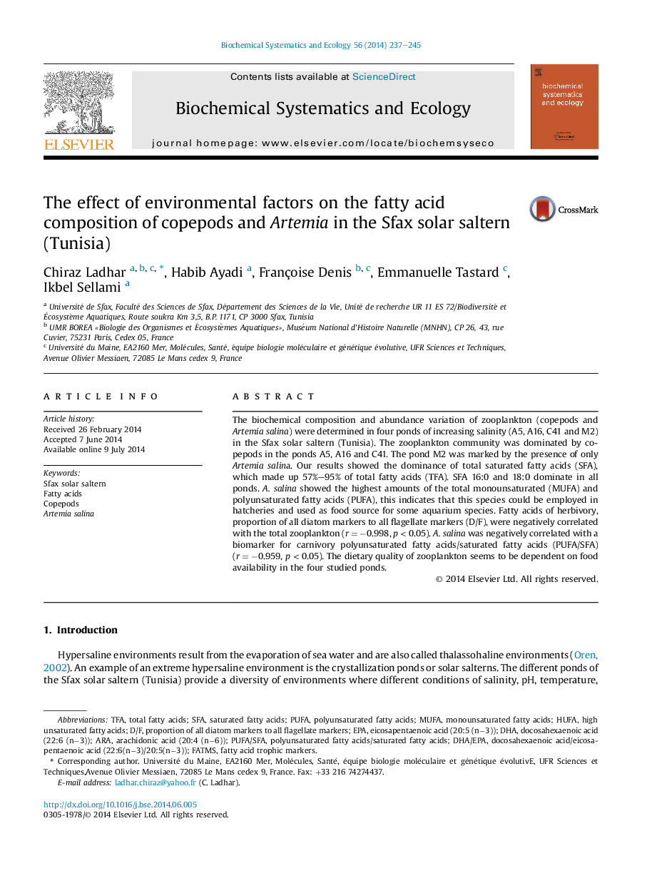 The effect of environmental factors on the fatty acid composition of copepods and Artemia in the Sfax solar saltern (Tunisia)