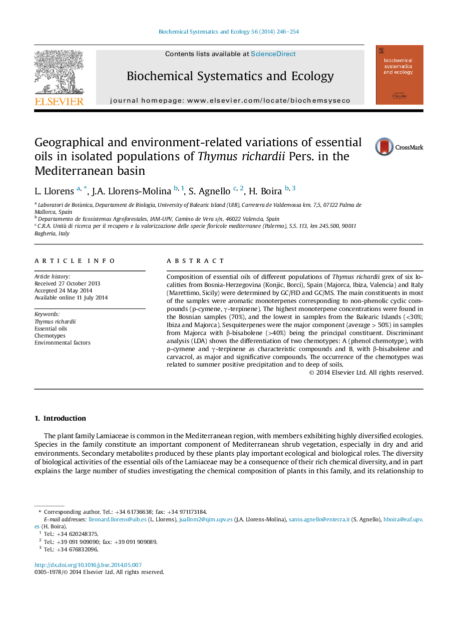 Geographical and environment-related variations of essential oils in isolated populations of Thymus richardii Pers. in the Mediterranean basin