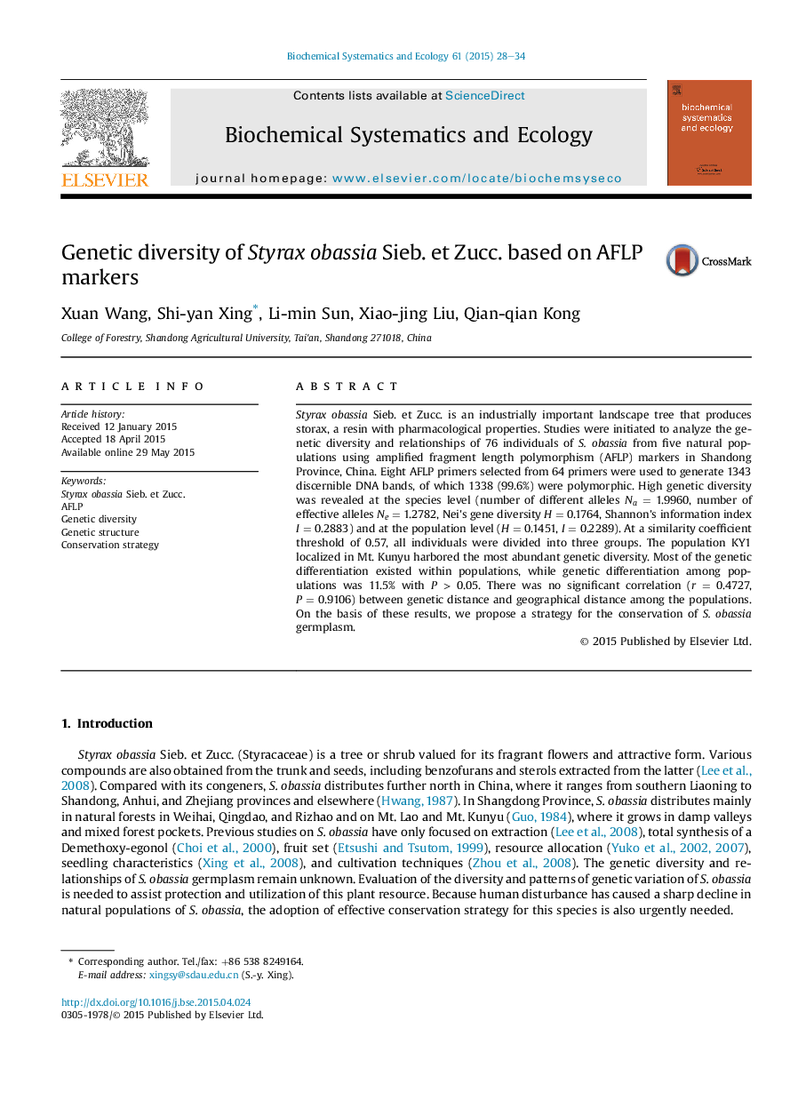 Genetic diversity of Styrax obassia Sieb. et Zucc. based on AFLP markers