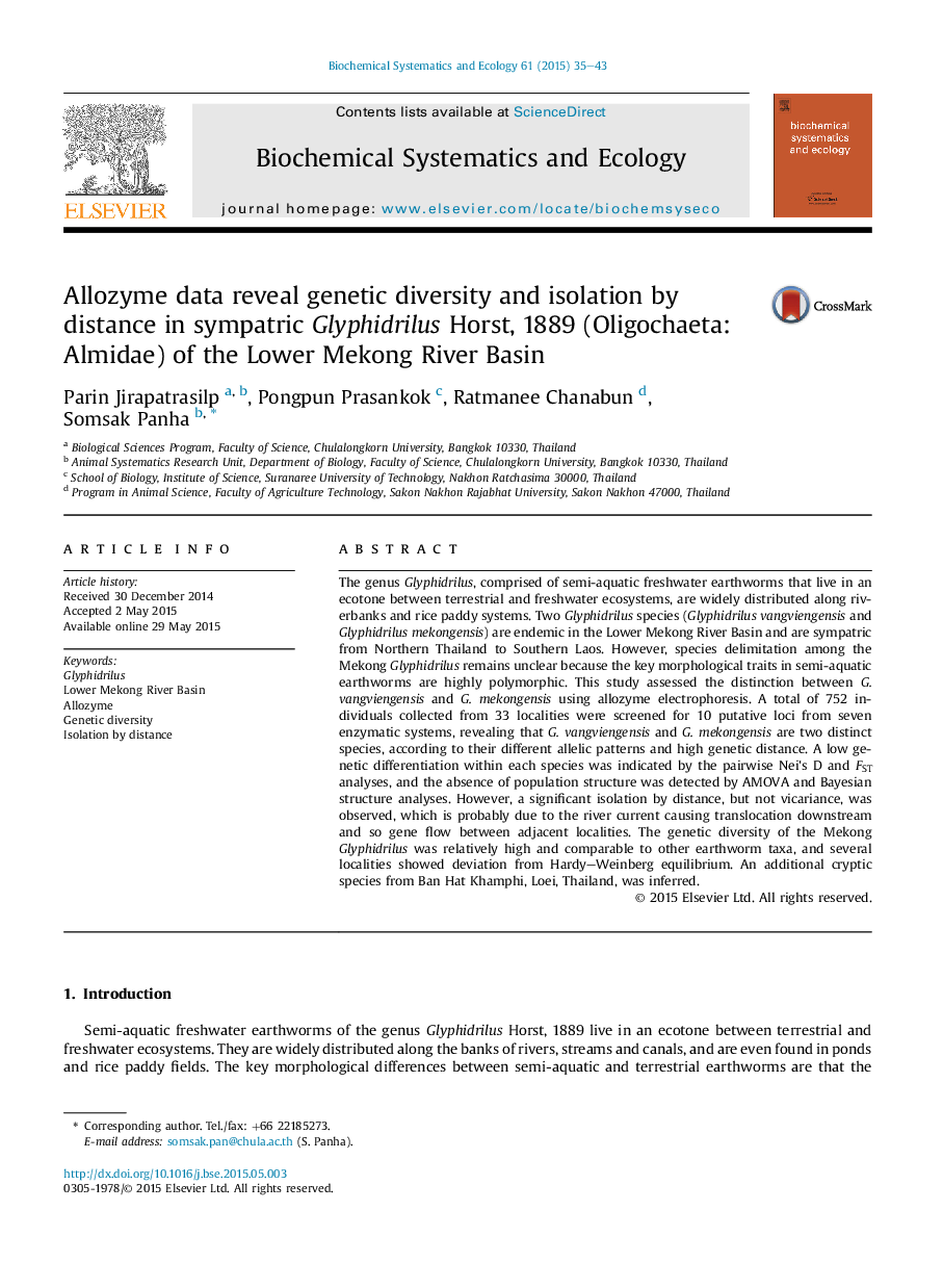 Allozyme data reveal genetic diversity and isolation by distance in sympatric Glyphidrilus Horst, 1889 (Oligochaeta: Almidae) of the Lower Mekong River Basin