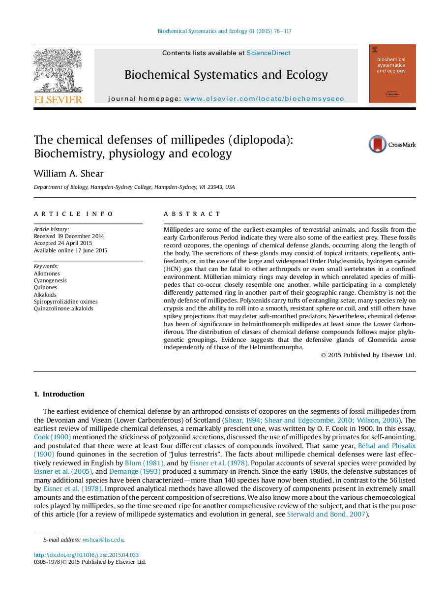 The chemical defenses of millipedes (diplopoda): Biochemistry, physiology and ecology