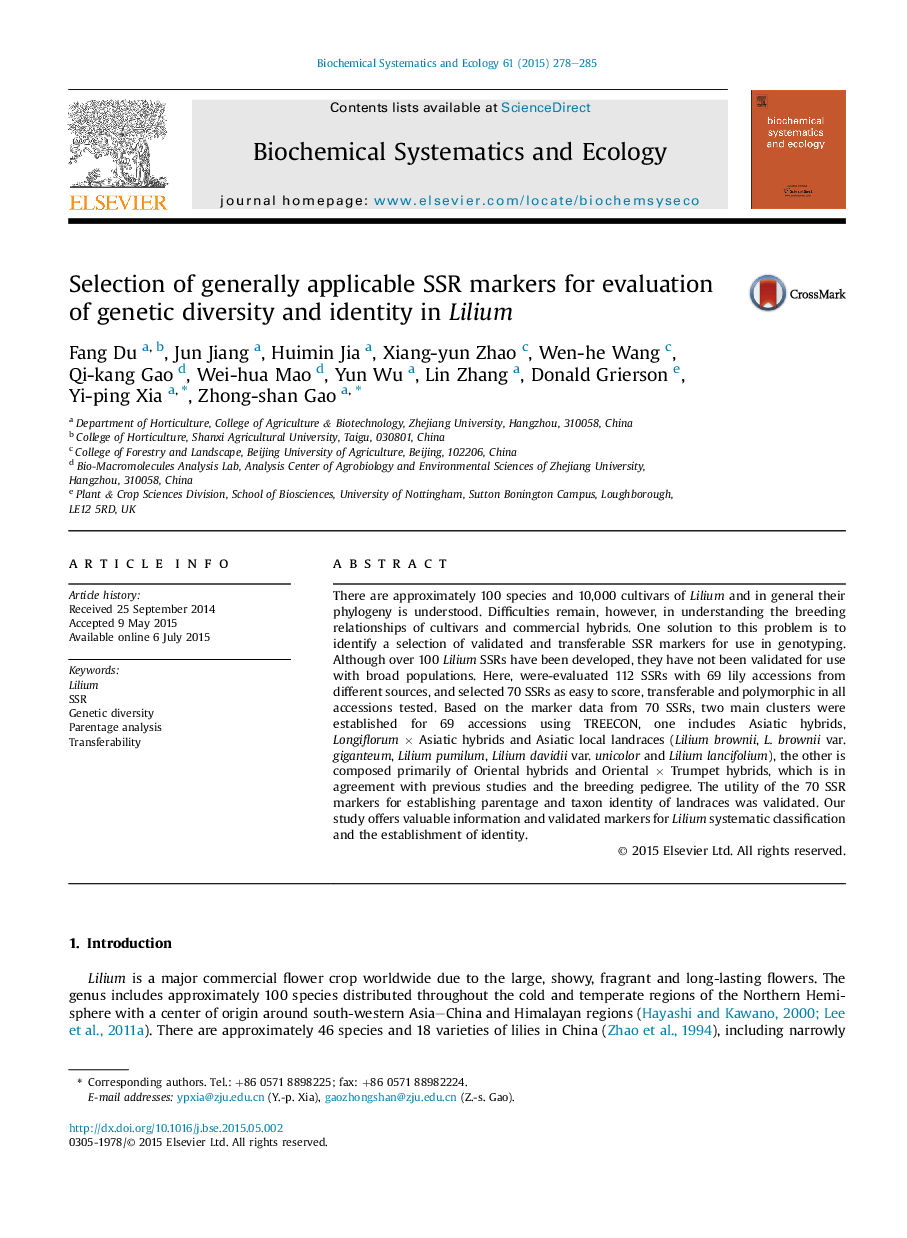 Selection of generally applicable SSR markers for evaluation of genetic diversity and identity in Lilium