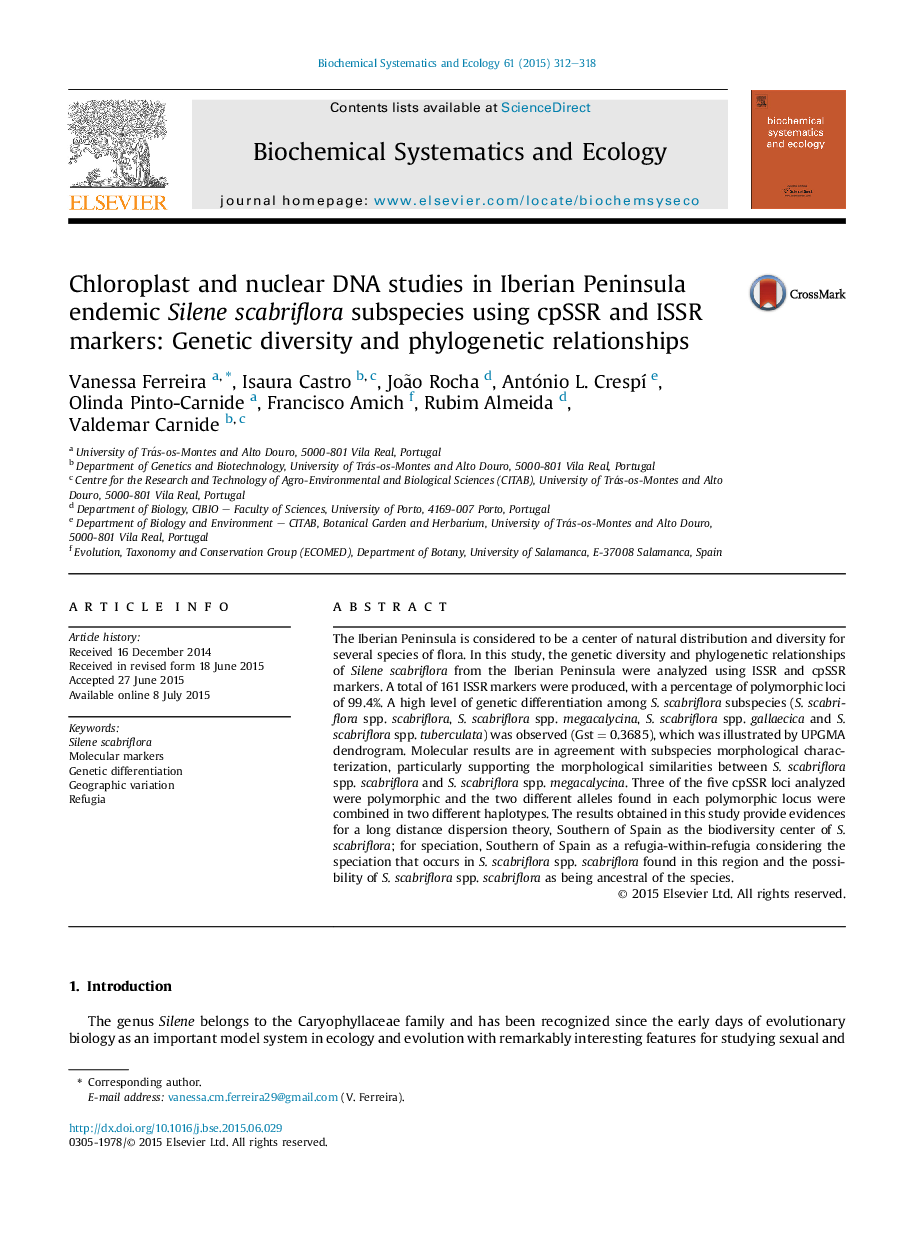 Chloroplast and nuclear DNA studies in Iberian Peninsula endemic Silene scabriflora subspecies using cpSSR and ISSR markers: Genetic diversity and phylogenetic relationships