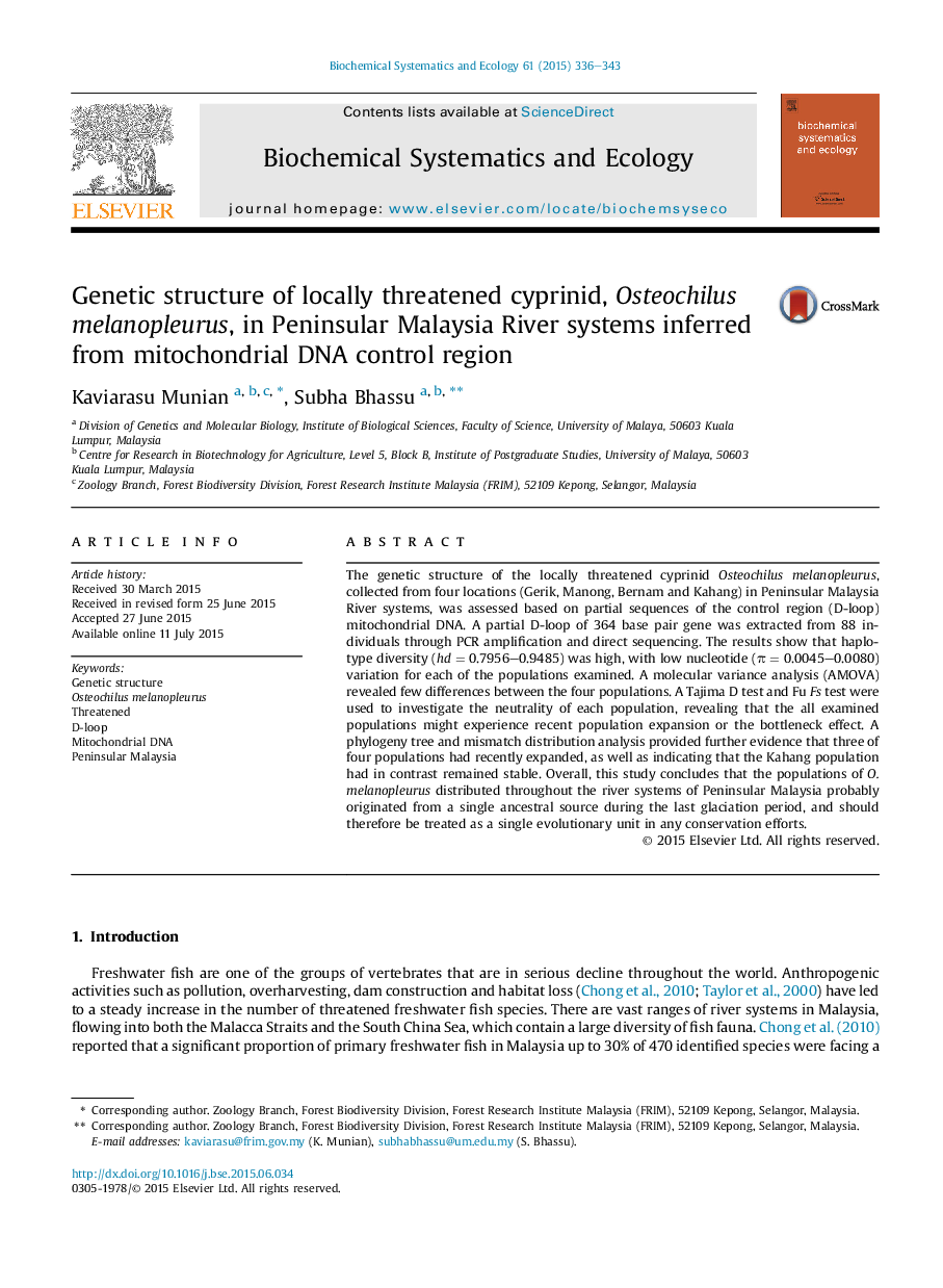 Genetic structure of locally threatened cyprinid, Osteochilus melanopleurus, in Peninsular Malaysia River systems inferred from mitochondrial DNA control region