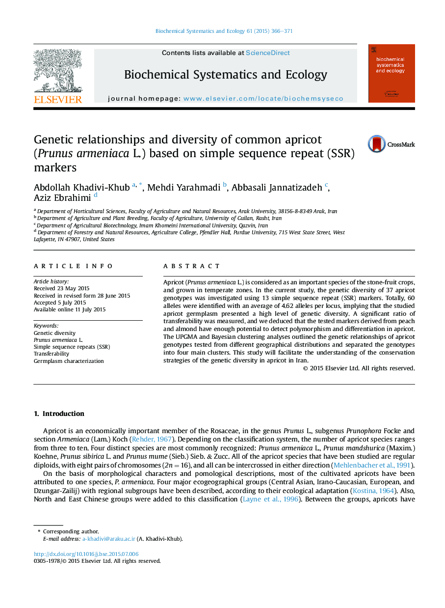 Genetic relationships and diversity of common apricot (Prunus armeniaca L.) based on simple sequence repeat (SSR) markers