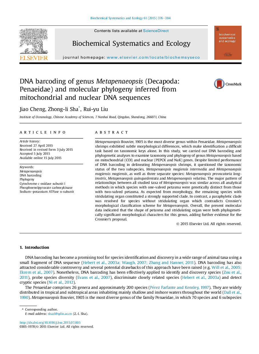 DNA barcoding of genus Metapenaeopsis (Decapoda: Penaeidae) and molecular phylogeny inferred from mitochondrial and nuclear DNA sequences