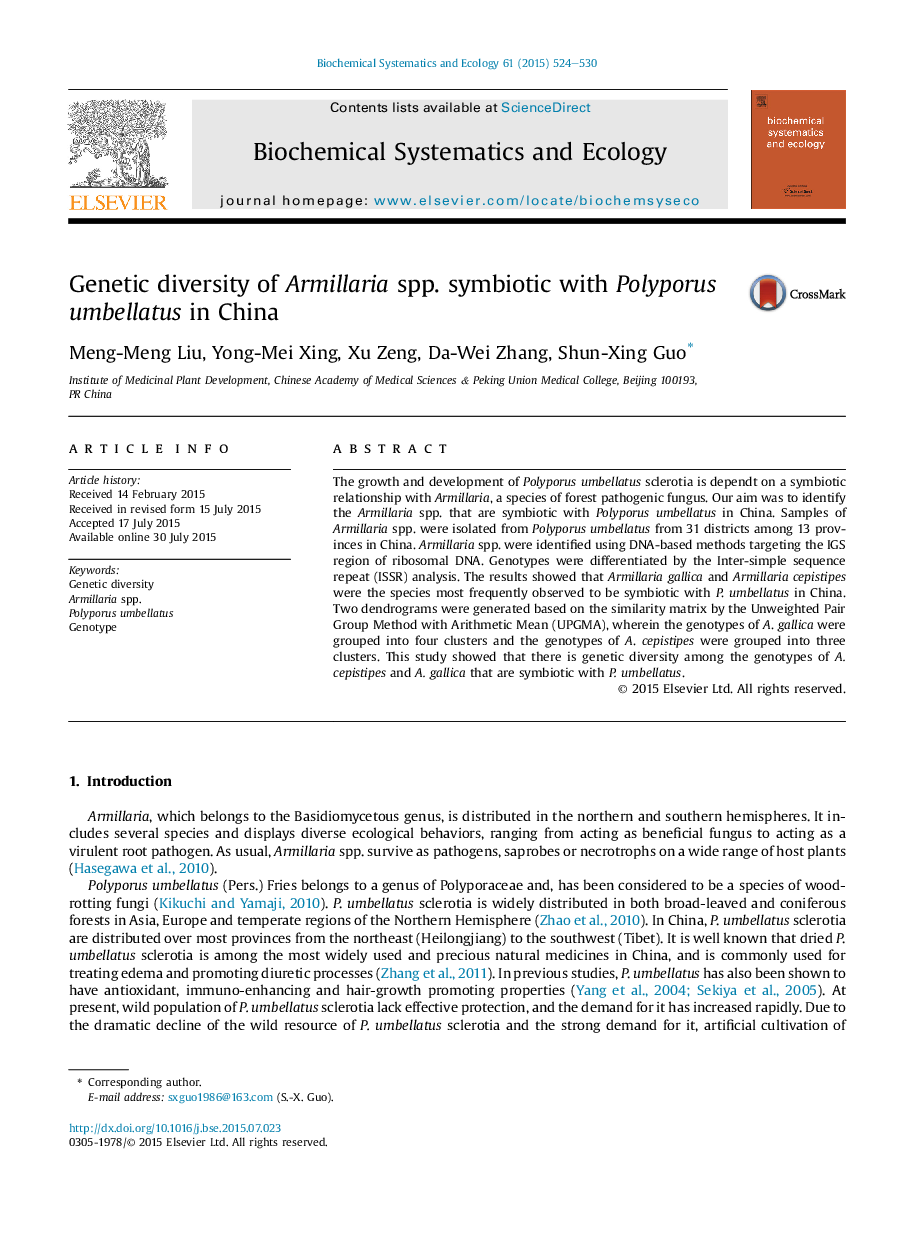 Genetic diversity of Armillaria spp. symbiotic with Polyporus umbellatus in China