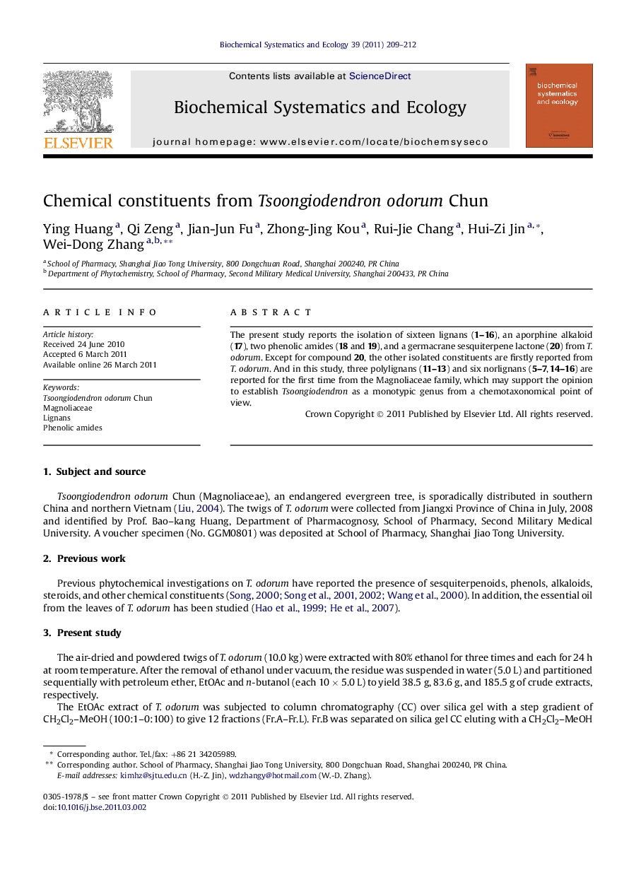 Chemical constituents from Tsoongiodendron odorum Chun