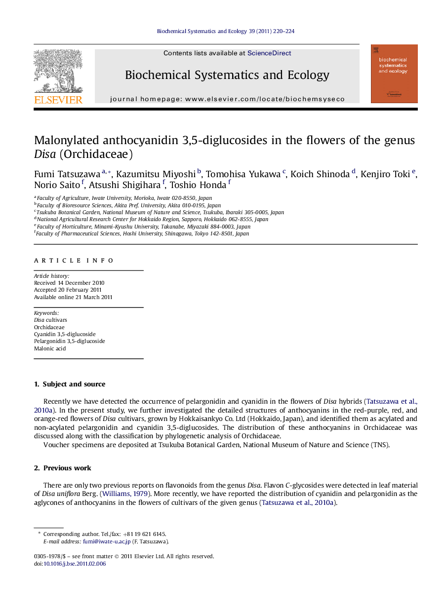 Malonylated anthocyanidin 3,5-diglucosides in the flowers of the genus Disa (Orchidaceae)