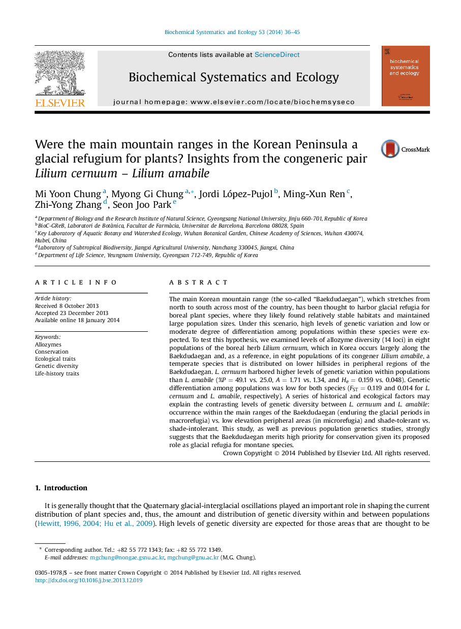 Were the main mountain ranges in the Korean Peninsula a glacial refugium for plants? Insights from the congeneric pair Lilium cernuum – Lilium amabile