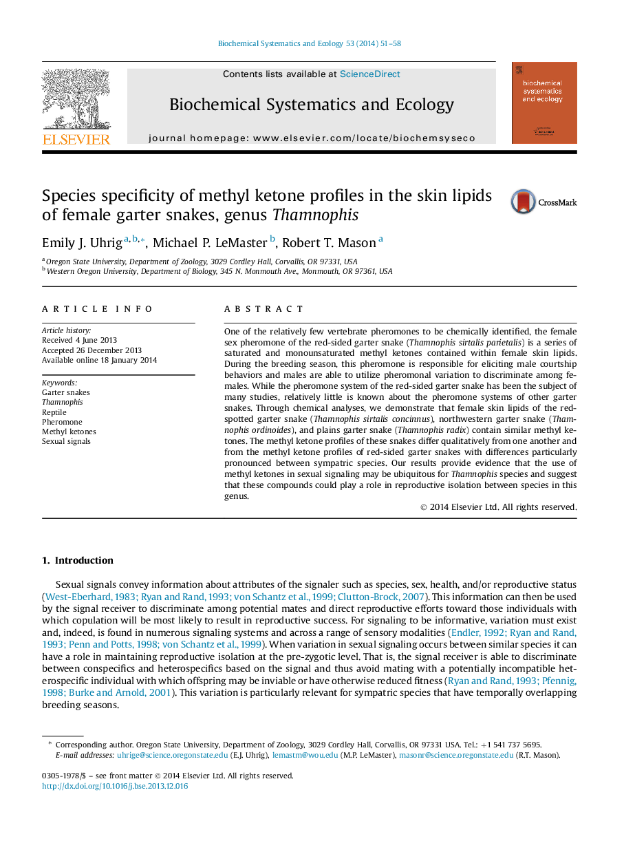 Species specificity of methyl ketone profiles in the skin lipids of female garter snakes, genus Thamnophis