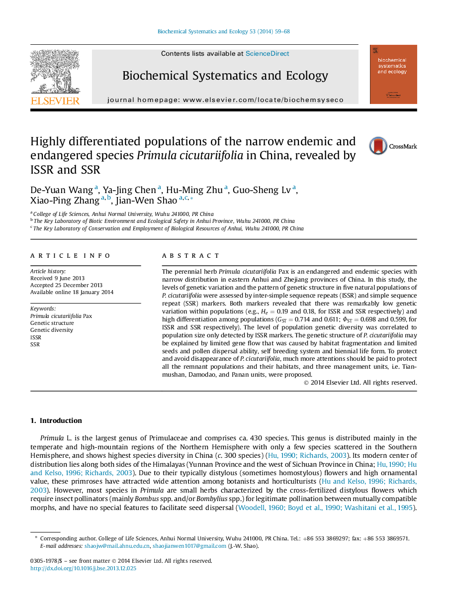 Highly differentiated populations of the narrow endemic and endangered species Primula cicutariifolia in China, revealed by ISSR and SSR