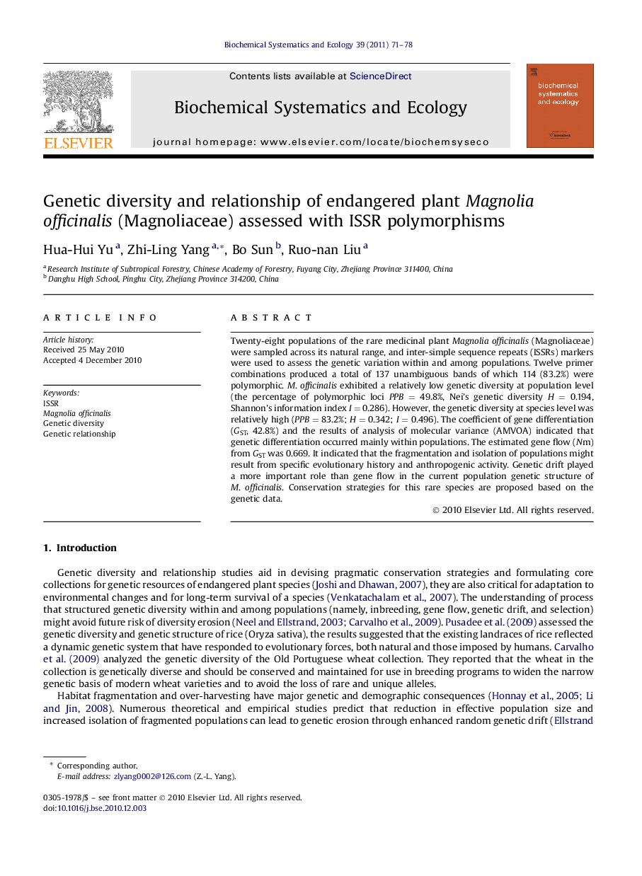 Genetic diversity and relationship of endangered plant Magnolia officinalis (Magnoliaceae) assessed with ISSR polymorphisms