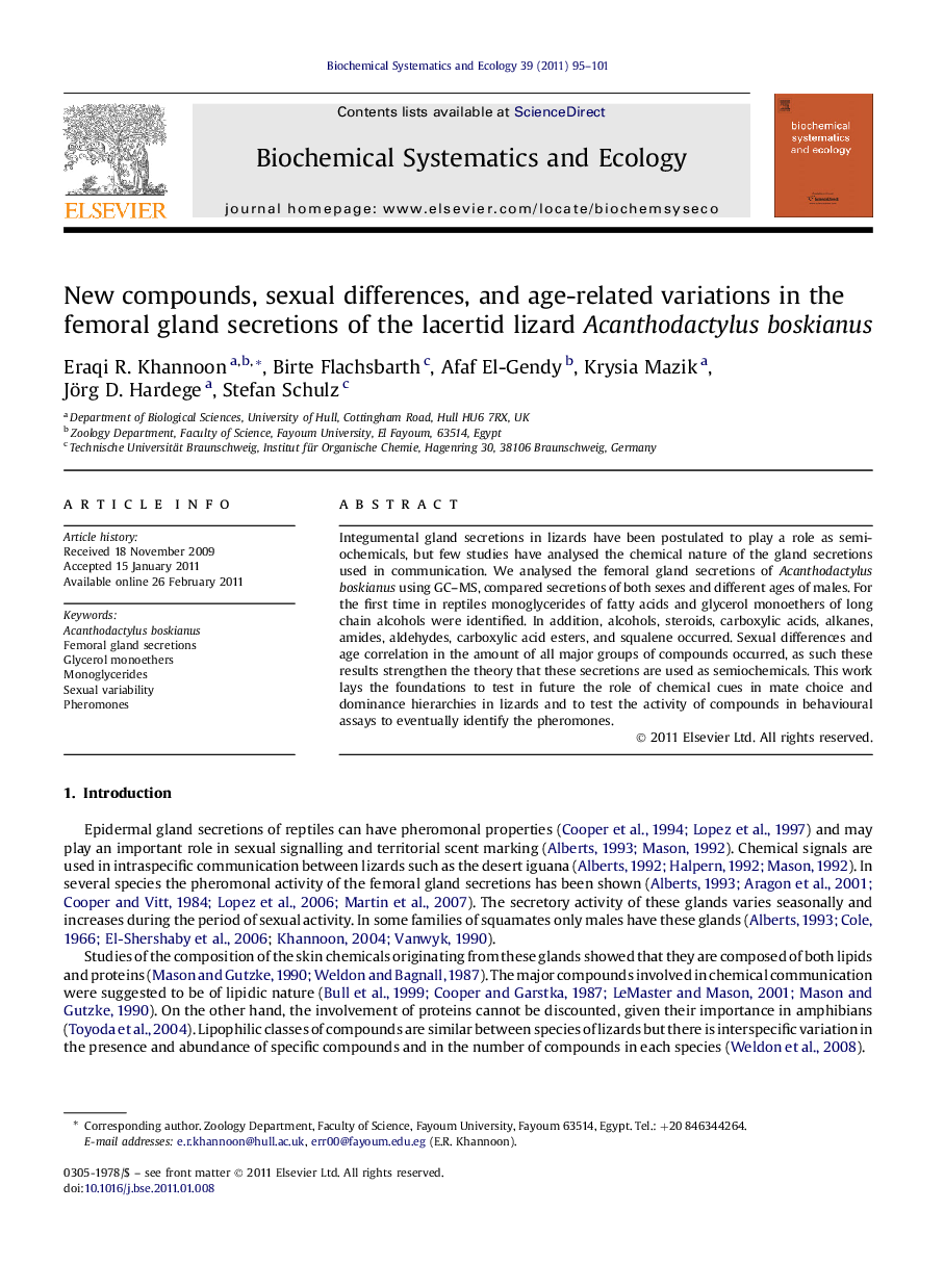 New compounds, sexual differences, and age-related variations in the femoral gland secretions of the lacertid lizard Acanthodactylus boskianus